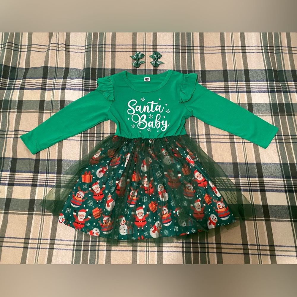 Toddler Santa Baby Christmas Dress With Hair Bows 4-5 Years